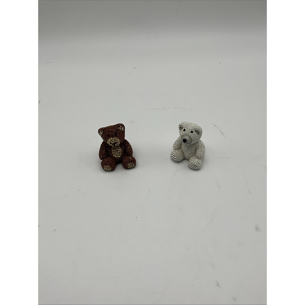 Crystal Encrusted Teddy Bear Figurines Set of 2 Amber & White Rhinestone Bears